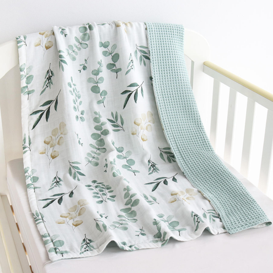 Luxury Light Green Floral Printed 2 layers Muslin Baby Blanket