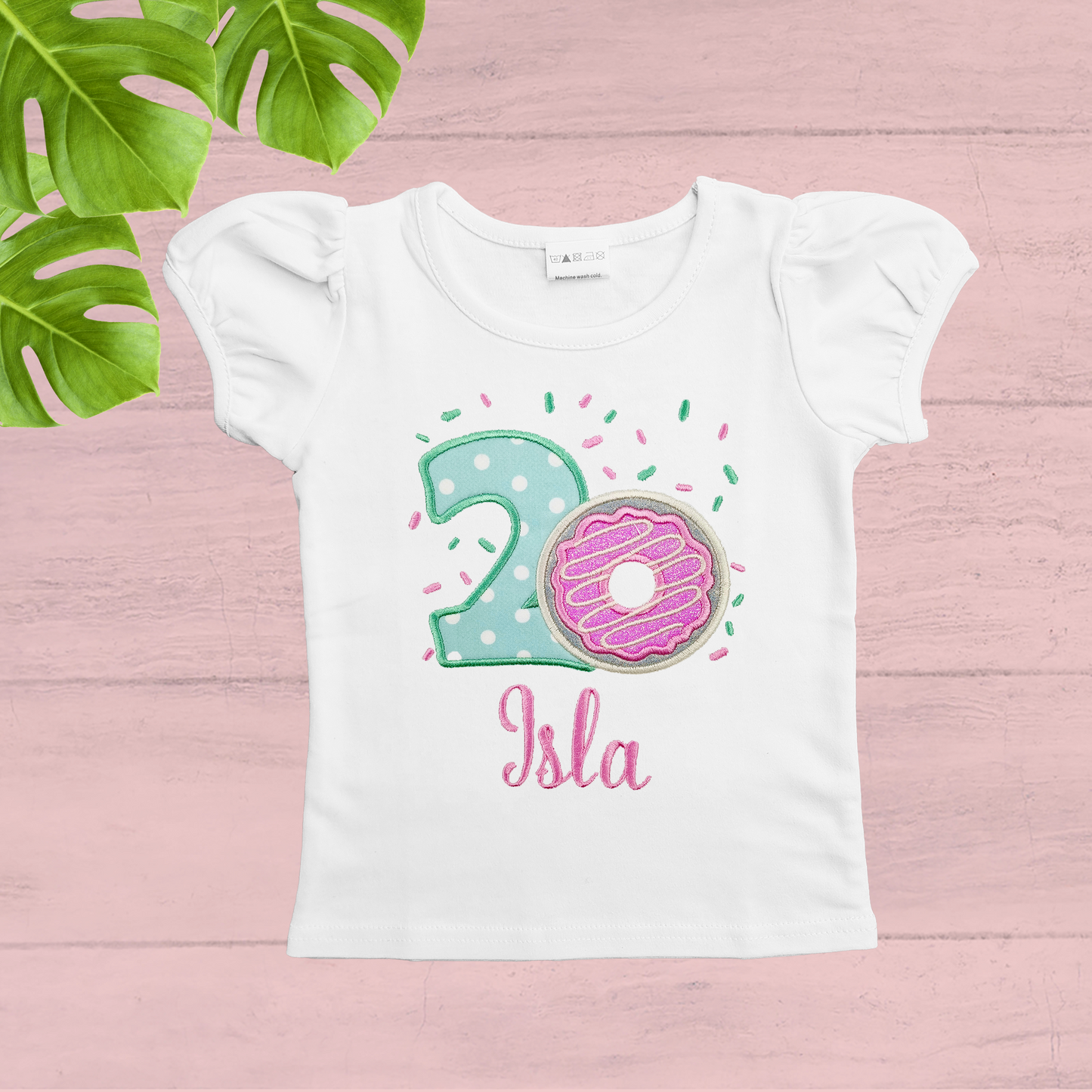 Girls Personalised Pink Donut Birthday T-shirt.