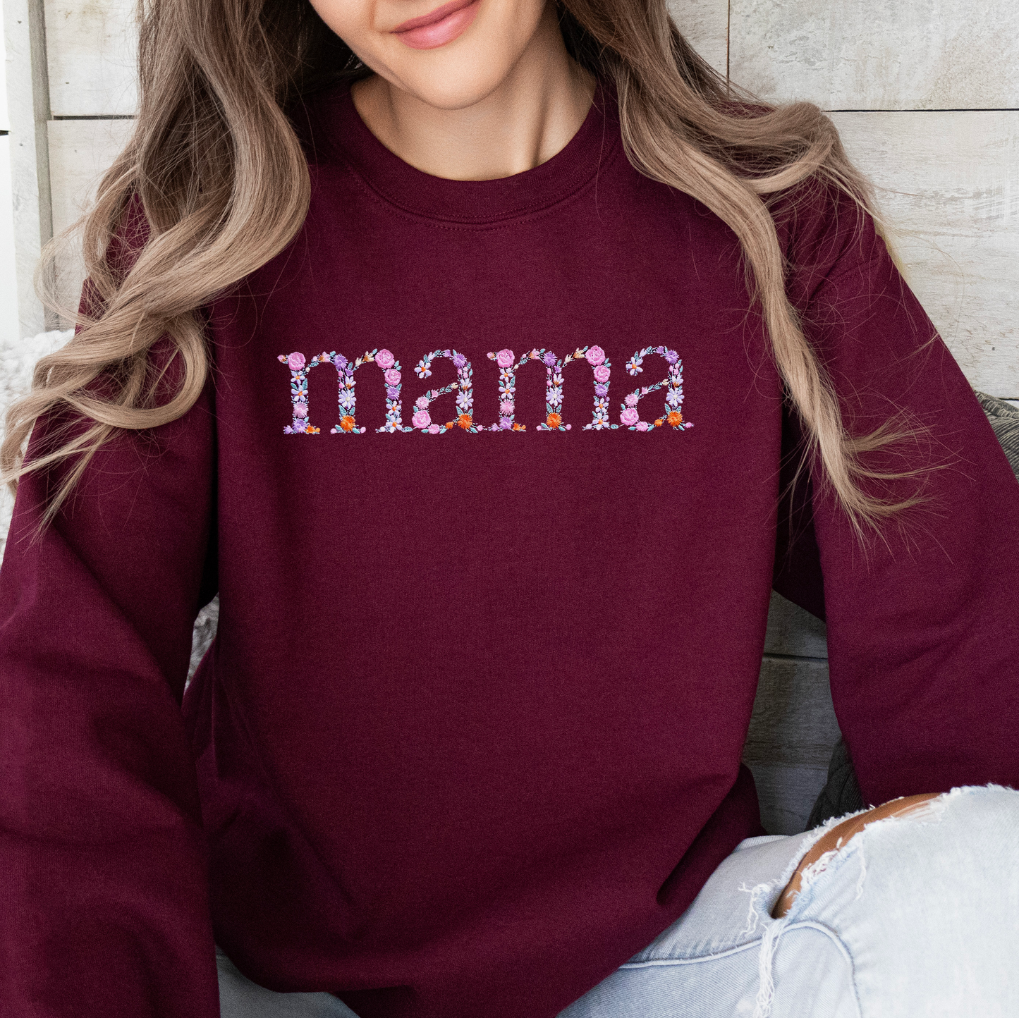 Embroidered Floral Letters Mama Sweatshirt