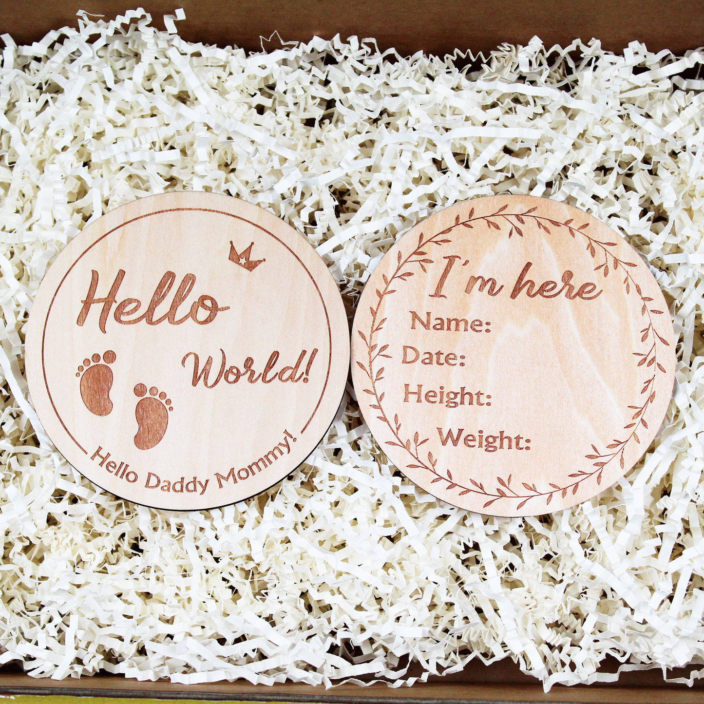 Wooden " Hello World "& Baby Footprint Double-sided Birth Announcement Plaque.