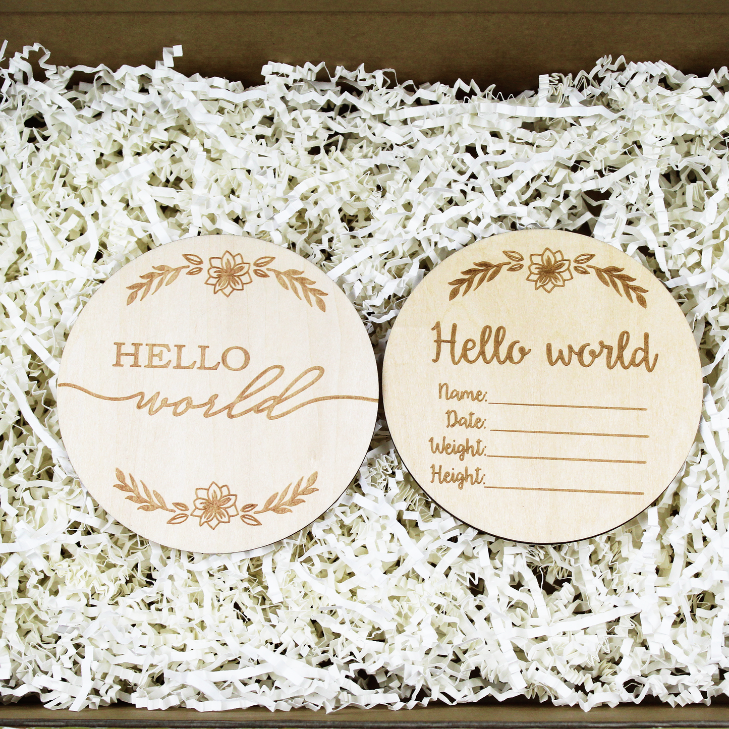 Wooden Floral "Hello World" Double-sided Birth Announcement Plaque