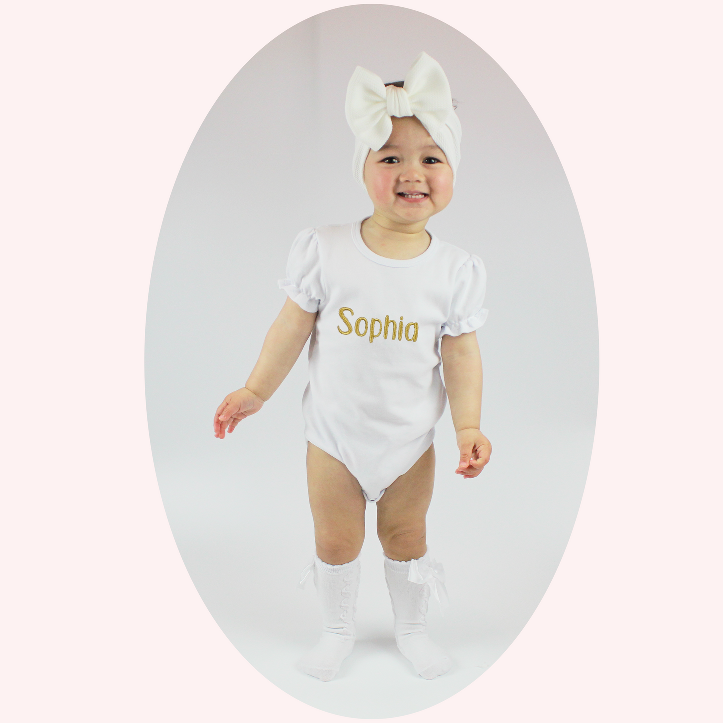 Personalised White Puff Sleeve 100% Cotton Baby Onesie.