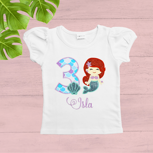 Personalised Red Hair Mermaid Birthday T-shirt.