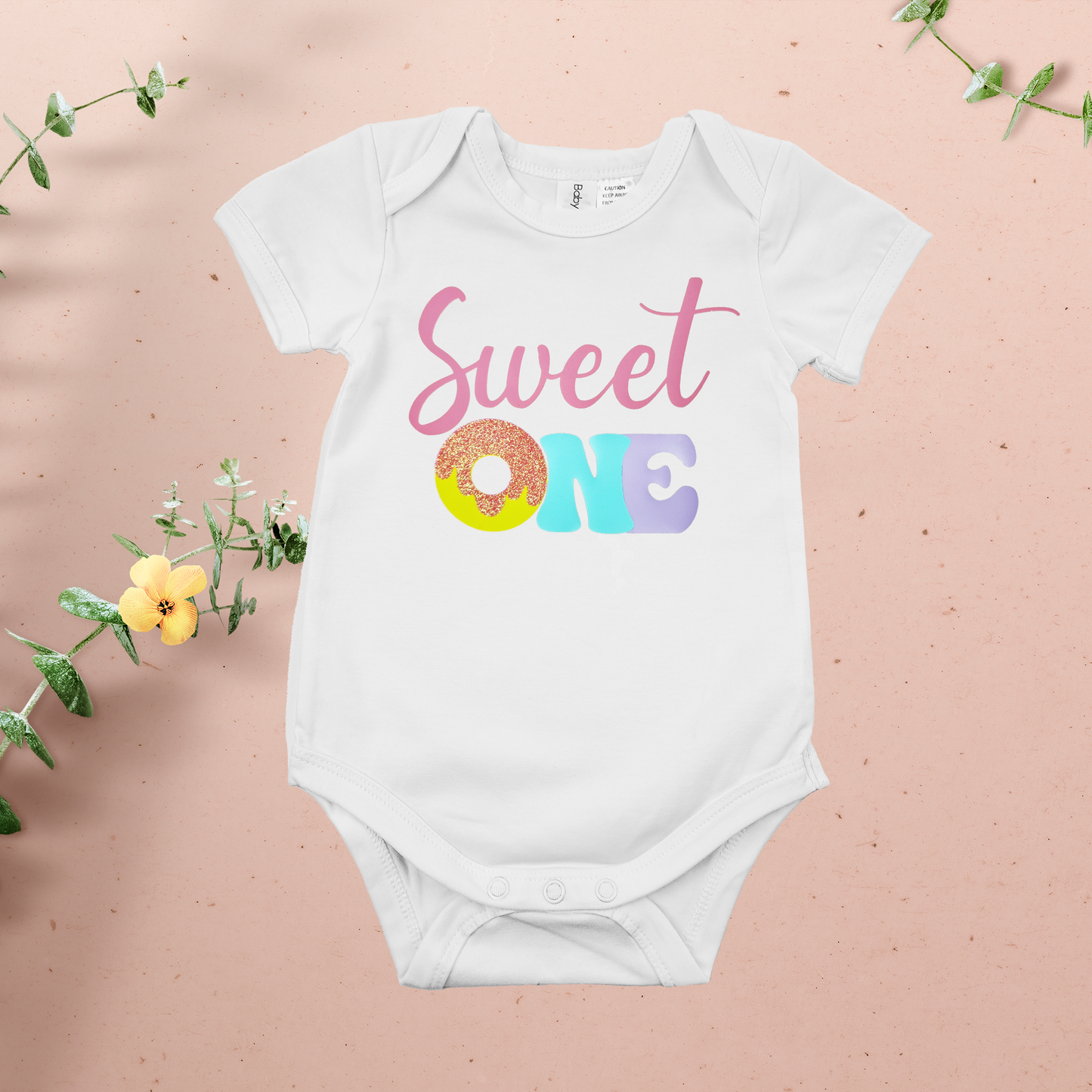 Glitter Peachy Orange Donut "Sweet One" 1st Birthday Onesie.