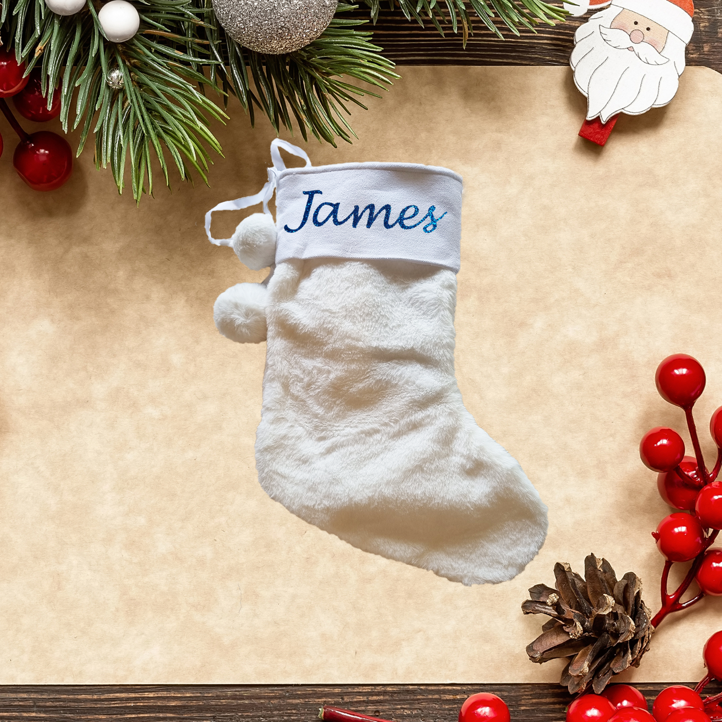 White Personalised Pom Pom Stocking