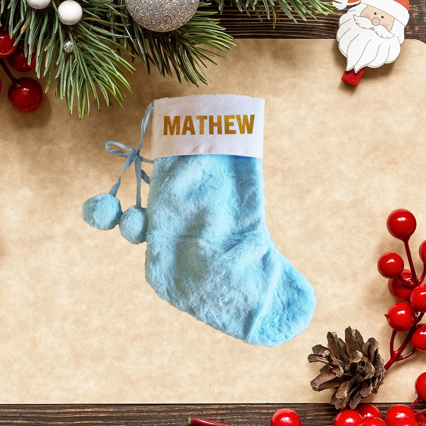 Blue Personalised Pom Pom Stocking