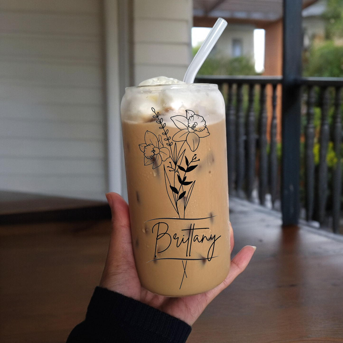 Personalised Birth Flower Iced Coffee Cup.(16Oz)