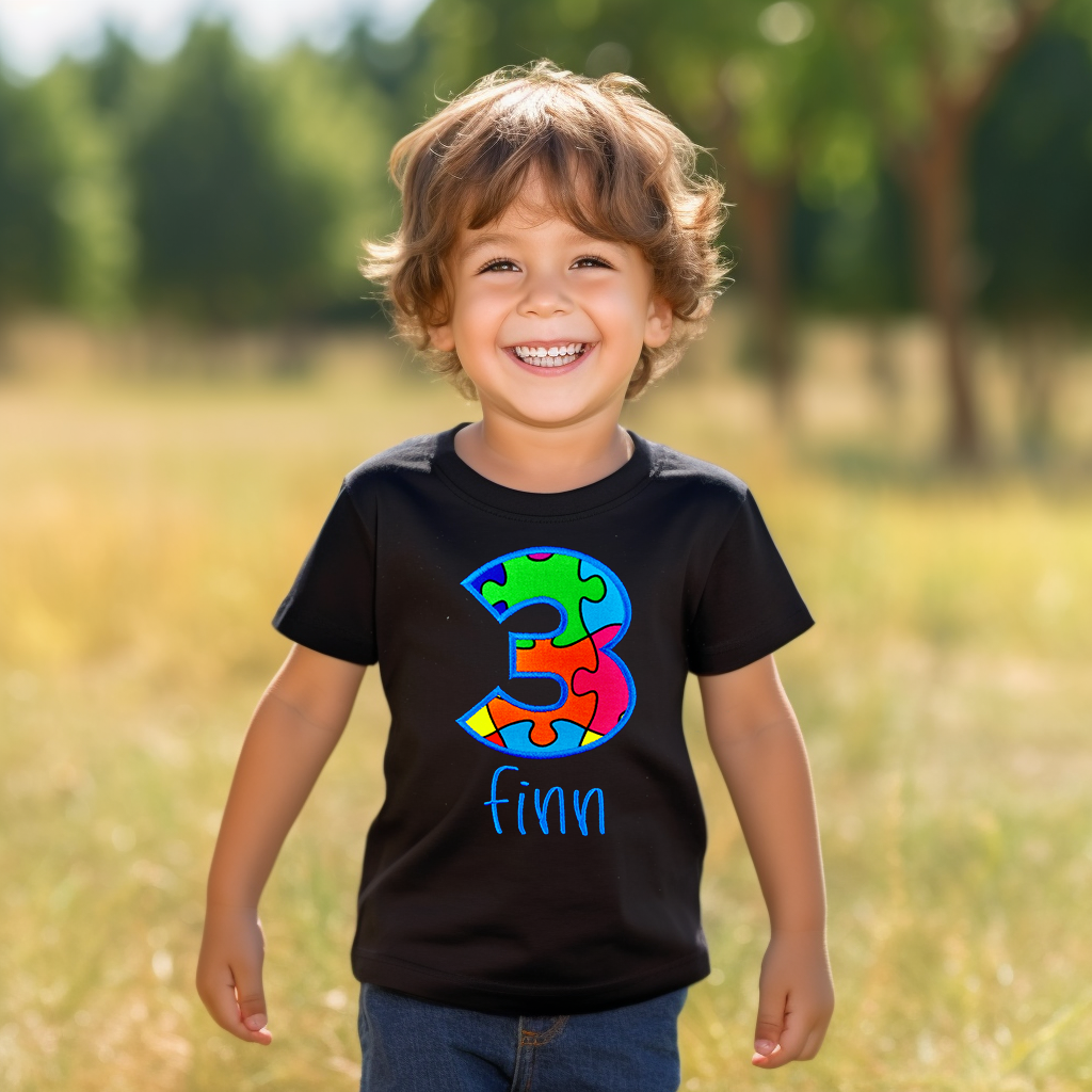 Kids Personalised Black Number Applique Birthday T-shirt (Style 1).