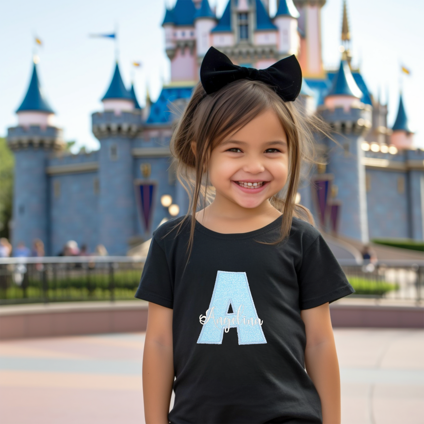 Unisex Glitter Light Blue Monogram Letter on Black T-shirt