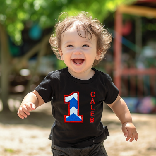 Kids Personalised Black Number Applique Birthday T-shirt (Style 2).