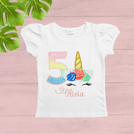 Personalised Rainbow Gold Glitter Unicorn Birthday T-Shirt.